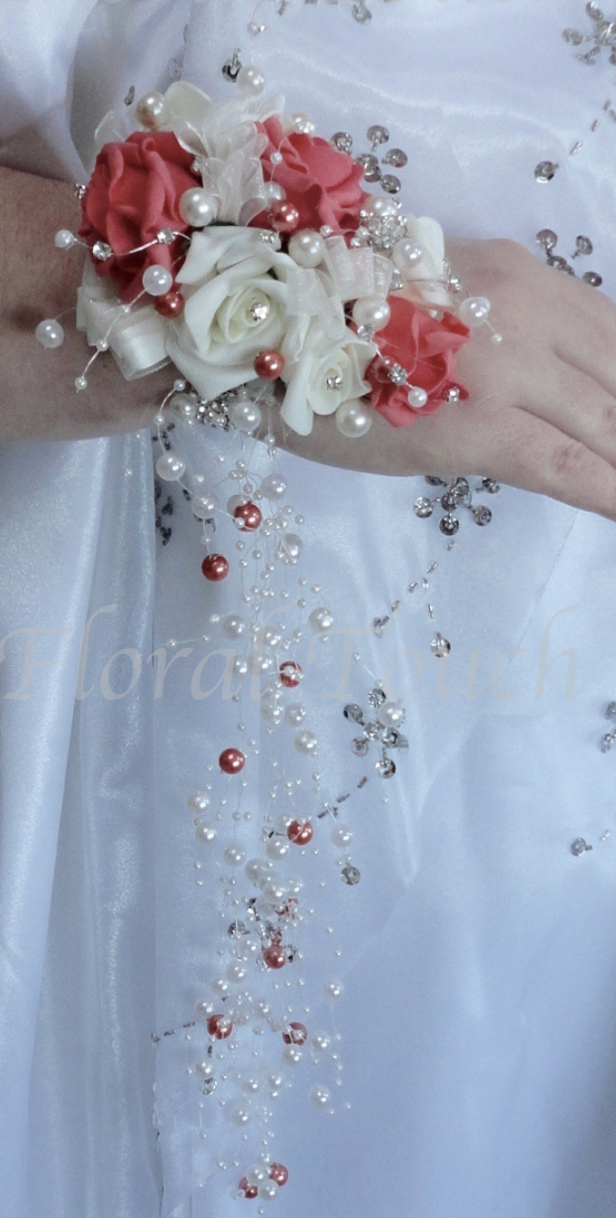 Coral & Ivory Wrist Corsage with Cascading Pearls